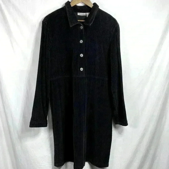 J Jill Black Corduroy Long Sleeve Dress with Metal Buttons in Size Large Tall. - Picture 1 of 11